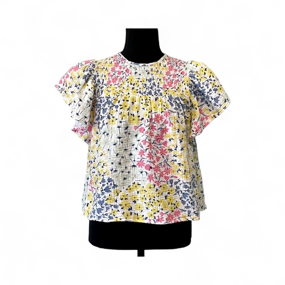 LuLaRoe Size XXS Maddy Flutter Sleeve Smock Top Relaxed Fit 100% Cotton Floral